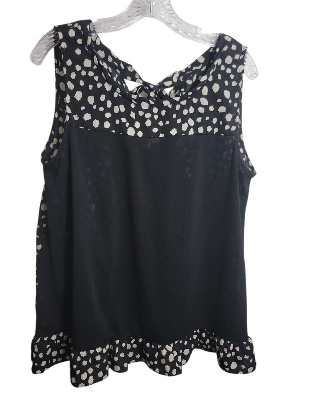 Umgee black white polka dot sleeveless ruffle top women's large semi sheer